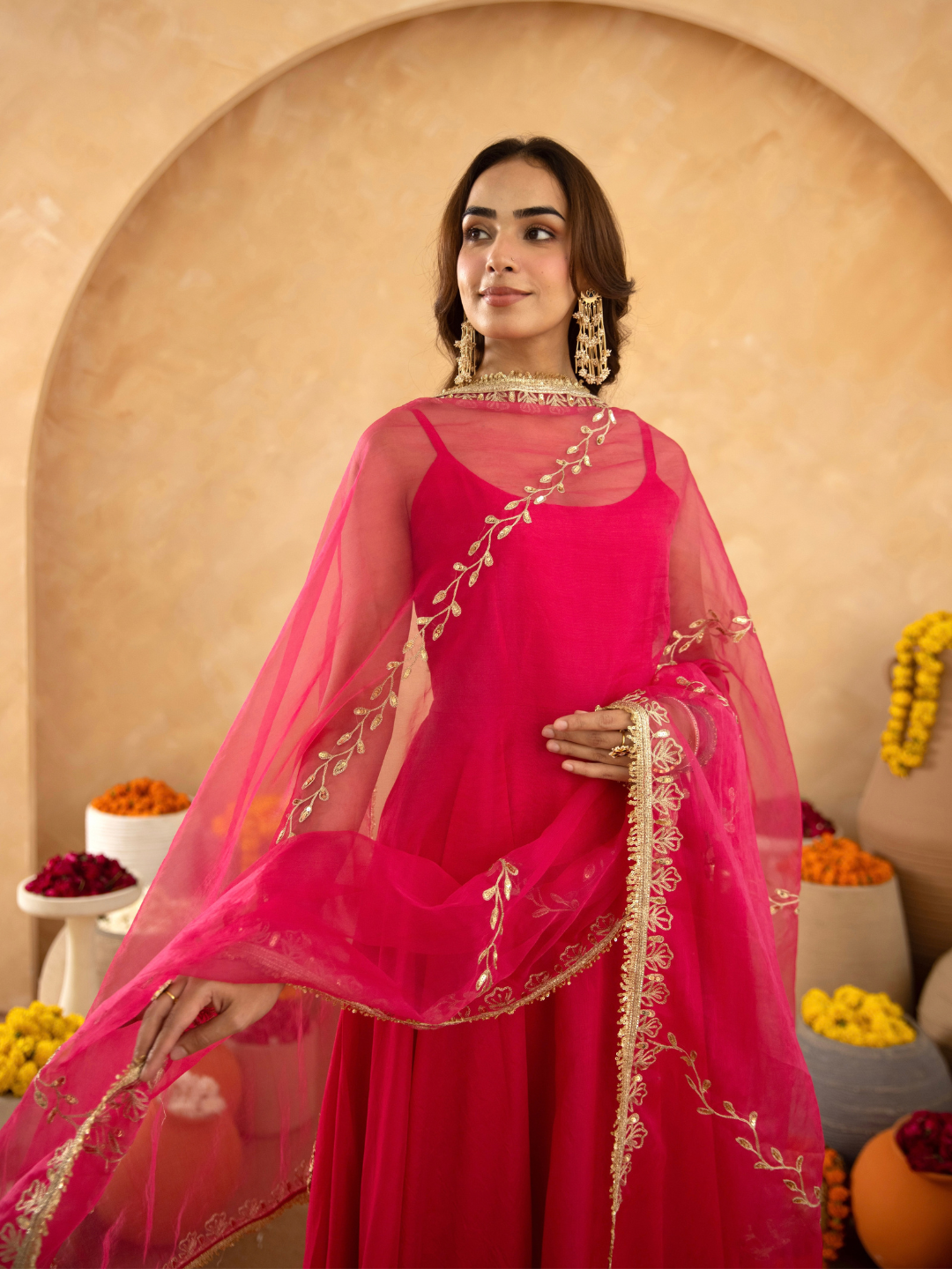 Fuchsia Chanderi Anarkali with Aari Work & Sequin Embellished  Dupatta