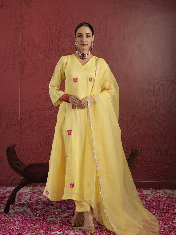 CHAAND YELLOW SILK AARI EMBROIDERY FLORAL SUIT SET