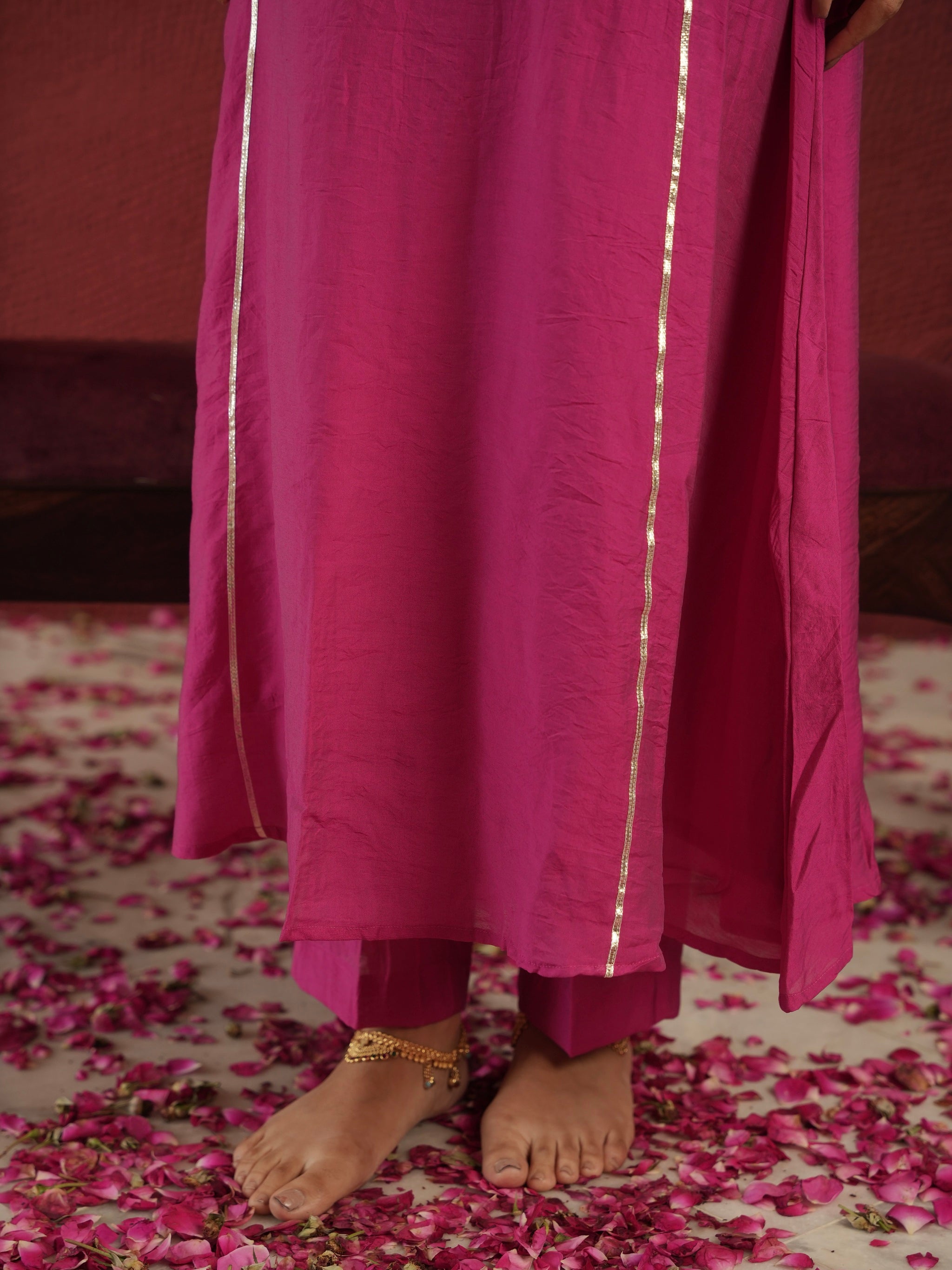 Hot Pink Unstitched Chanderi Suit main image 1