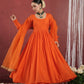 CHAAND ORANGE SILK GATHERED AARIWORK SUIT SET