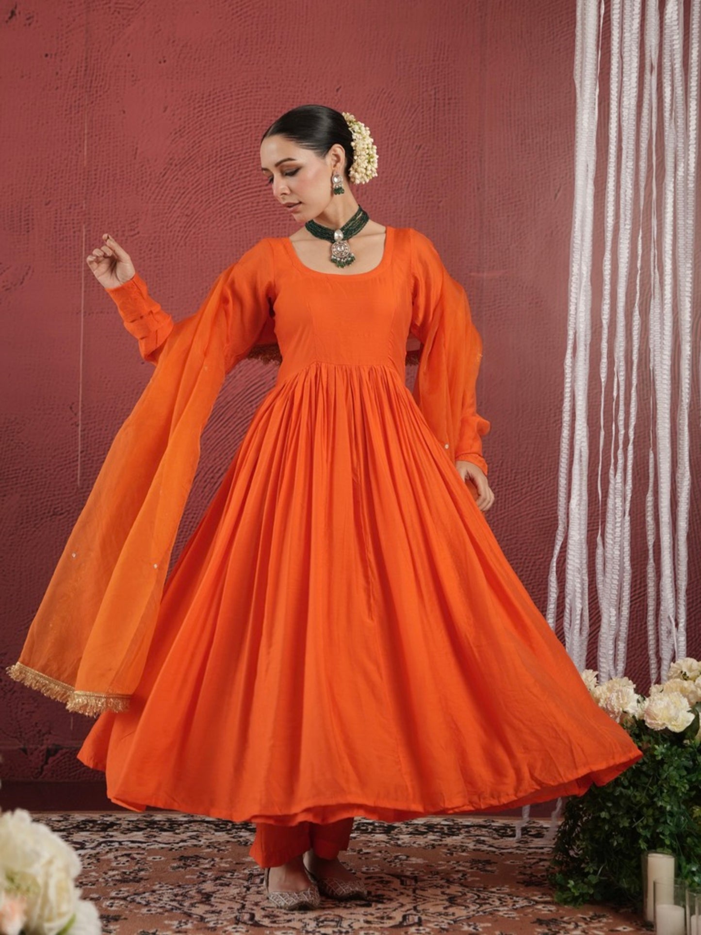 CHAAND ORANGE SILK GATHERED AARIWORK SUIT SET