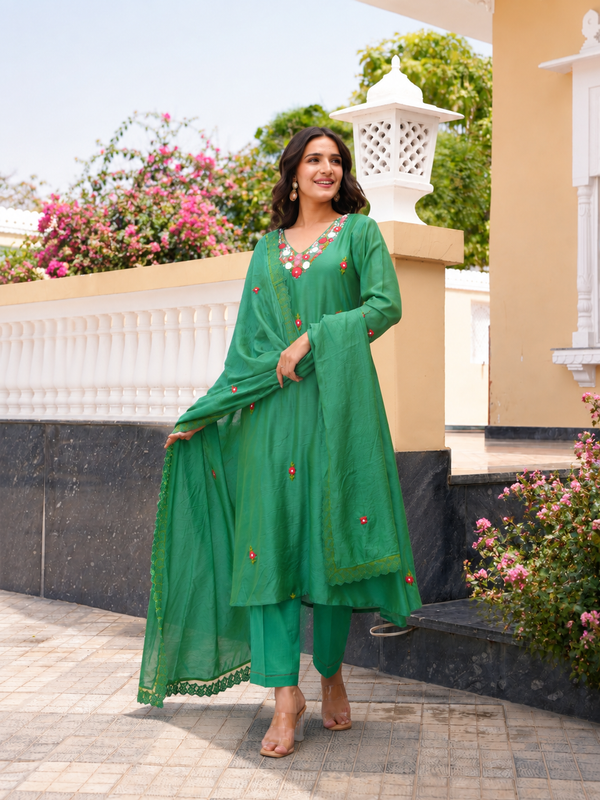 Green Floral Hand Embroidered Chanderi Kurta Set