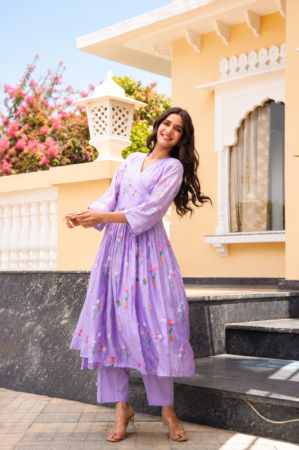 Lavender Daisy Chanderi Angrakha Kurta Set