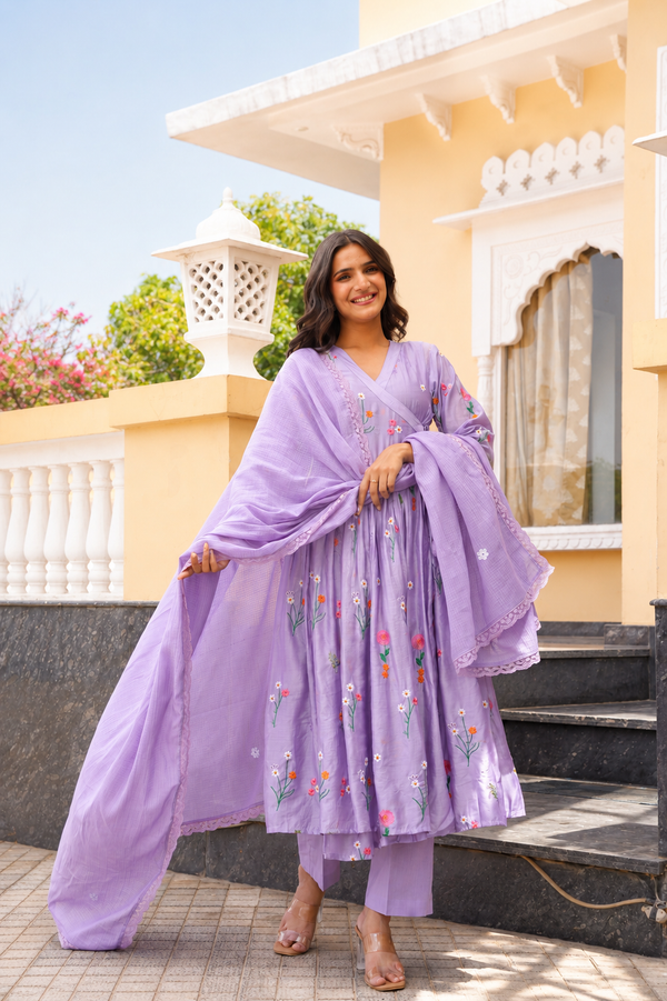 Lavender Daisy Chanderi Angrakha Kurta Set