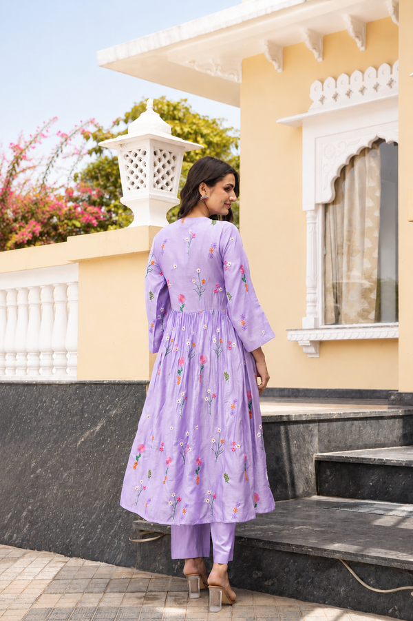 Lavender Daisy Chanderi Angrakha Kurta Set