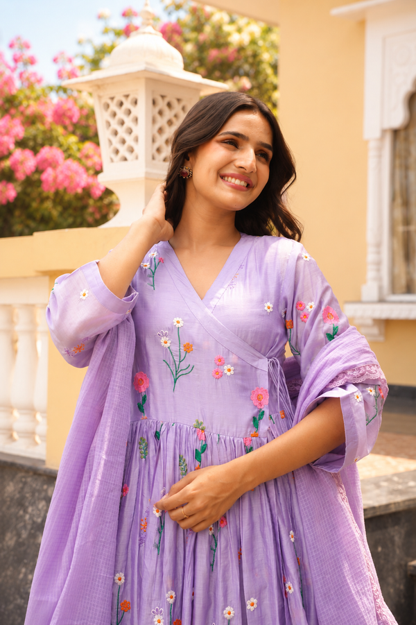 Lavender Daisy Chanderi Angrakha Kurta Set