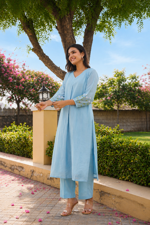 Bluebell Floral Aari Work Chanderi Kurta Set