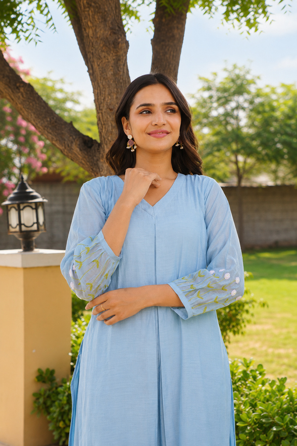Bluebell Floral Aari Work Chanderi Kurta Set