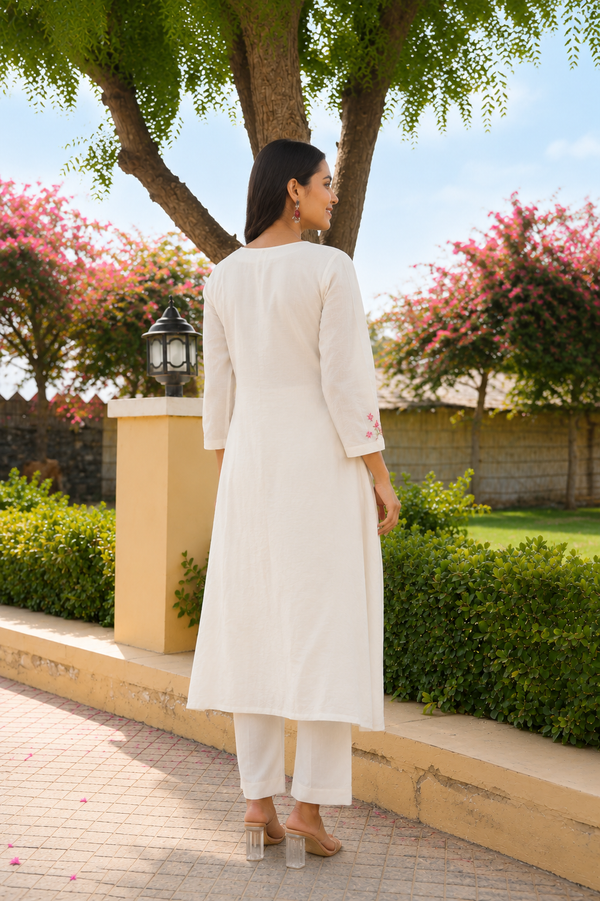 Off White Petal Handwork Chanderi A-Line Kurta Set