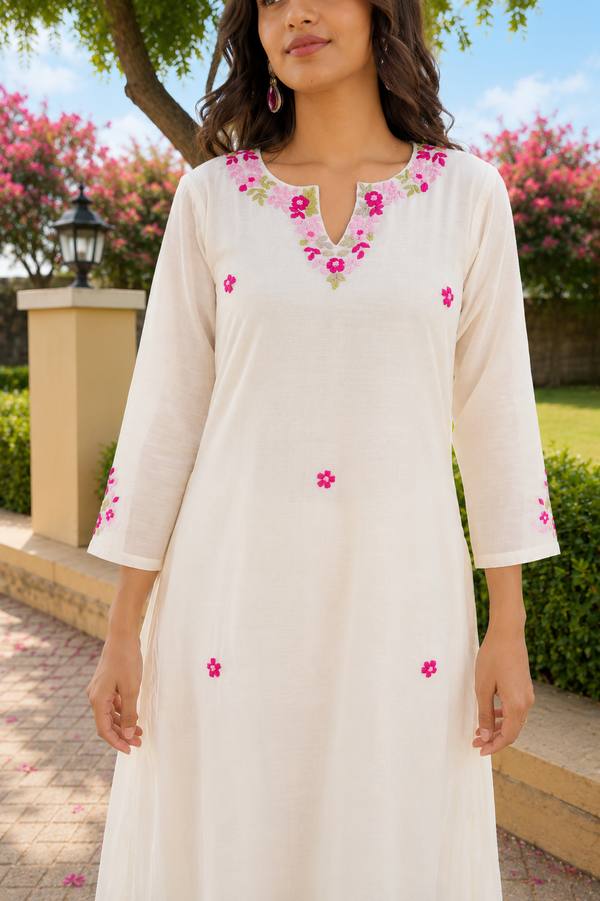 Off White Petal Handwork Chanderi A-Line Kurta Set