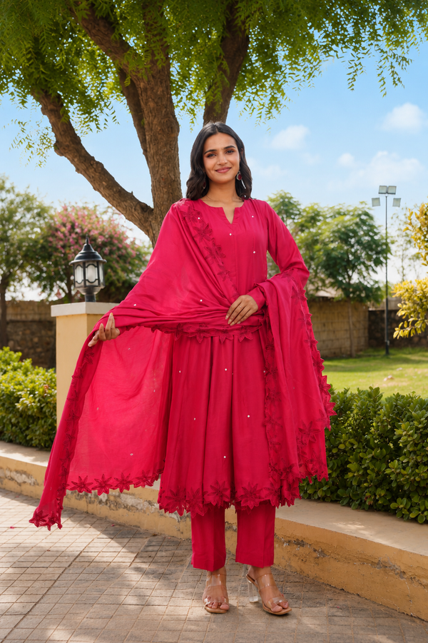 Ruby Bloom Floral Aari Work Chanderi Kurta Set