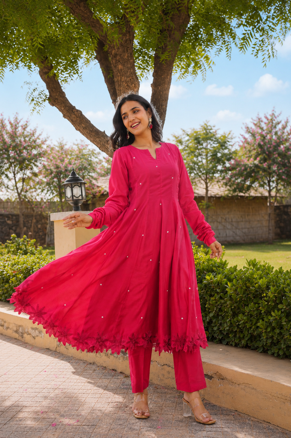 Ruby Bloom Floral Aari Work Chanderi Kurta Set