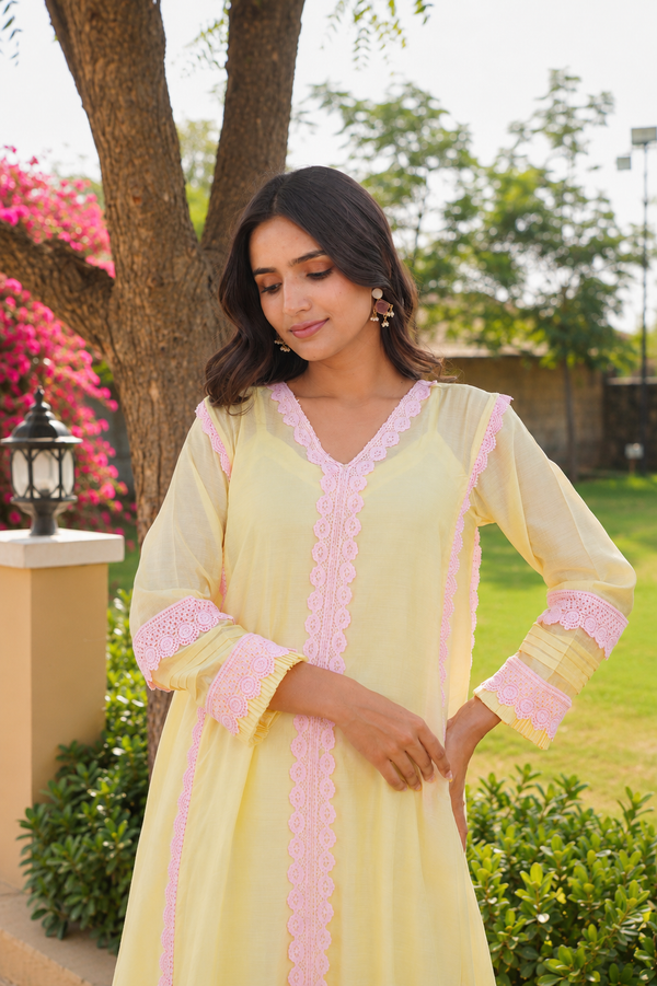 Pastel Yellow Chanderi Lace Work Kurta Set