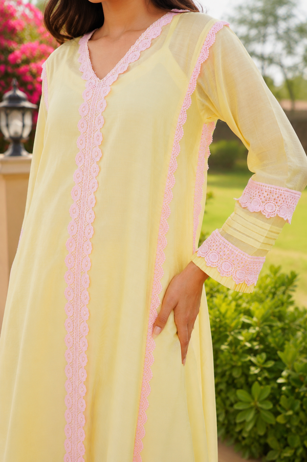Pastel Yellow Chanderi Lace Work Kurta Set