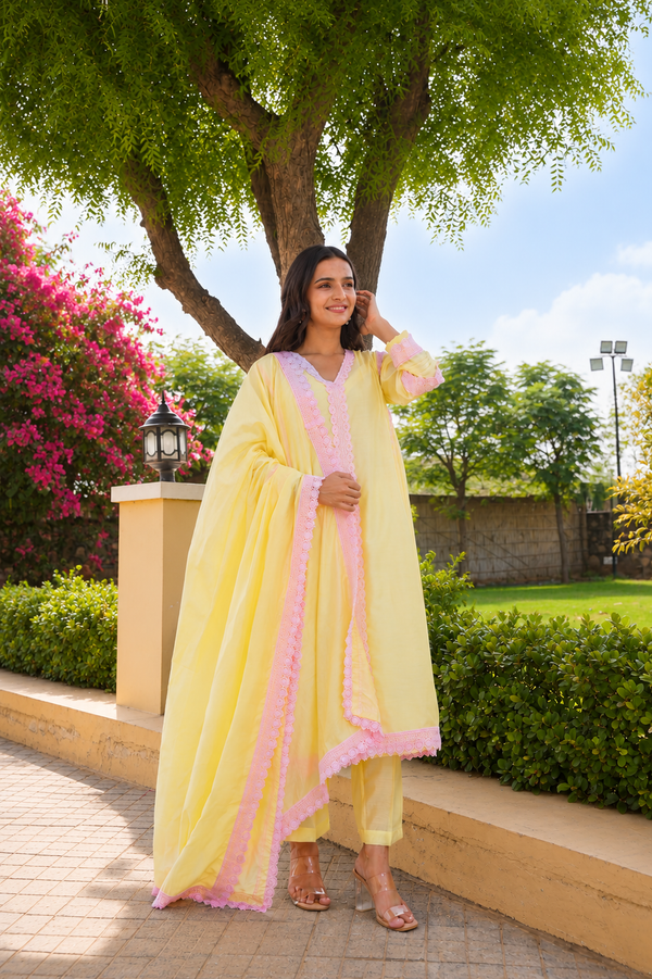 Pastel Yellow Chanderi Lace Work Kurta Set