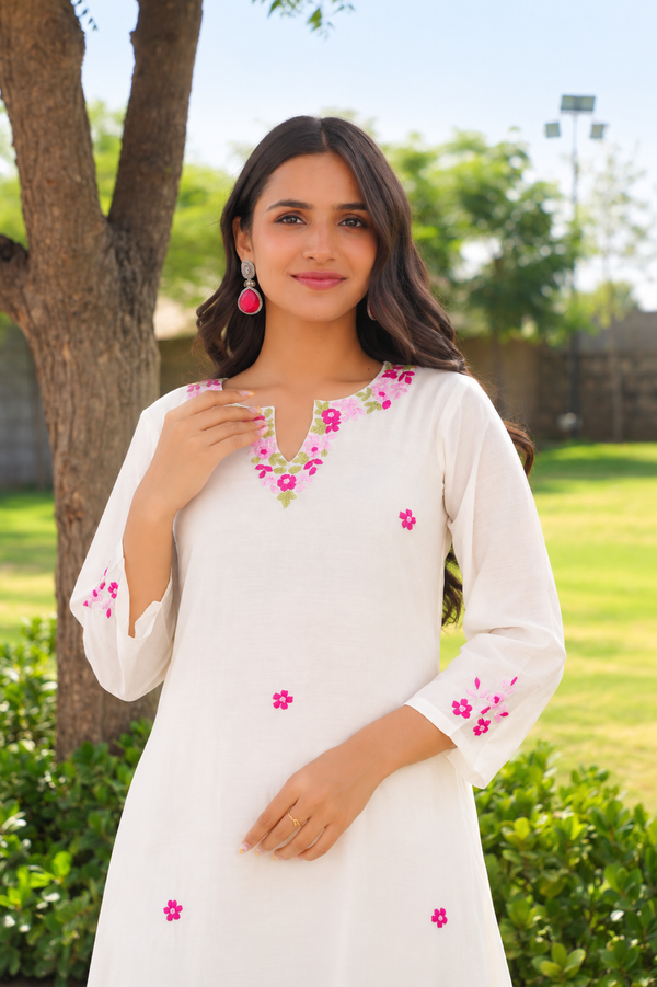 Off White Petal Handwork Chanderi A-Line Kurta Set