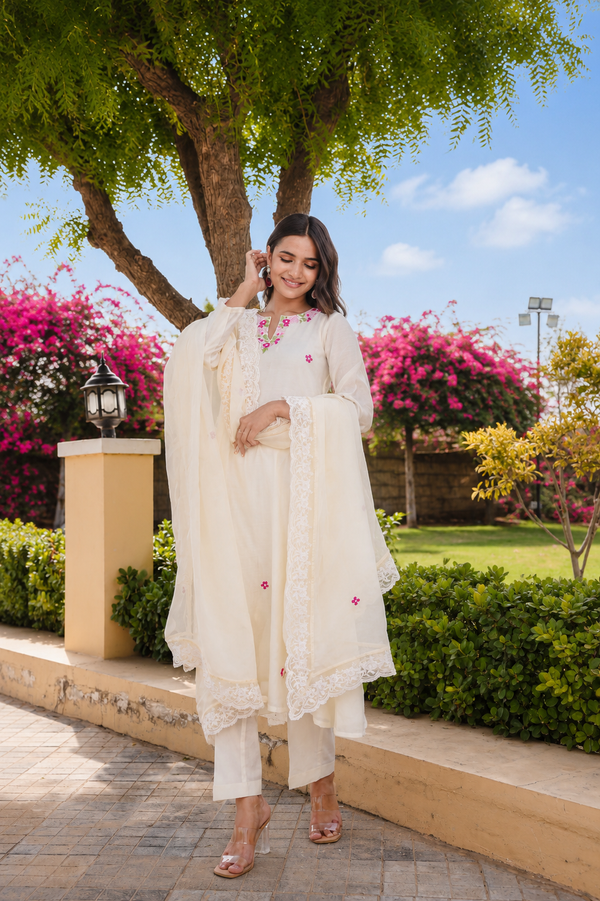 Off White Petal Handwork Chanderi A-Line Kurta Set