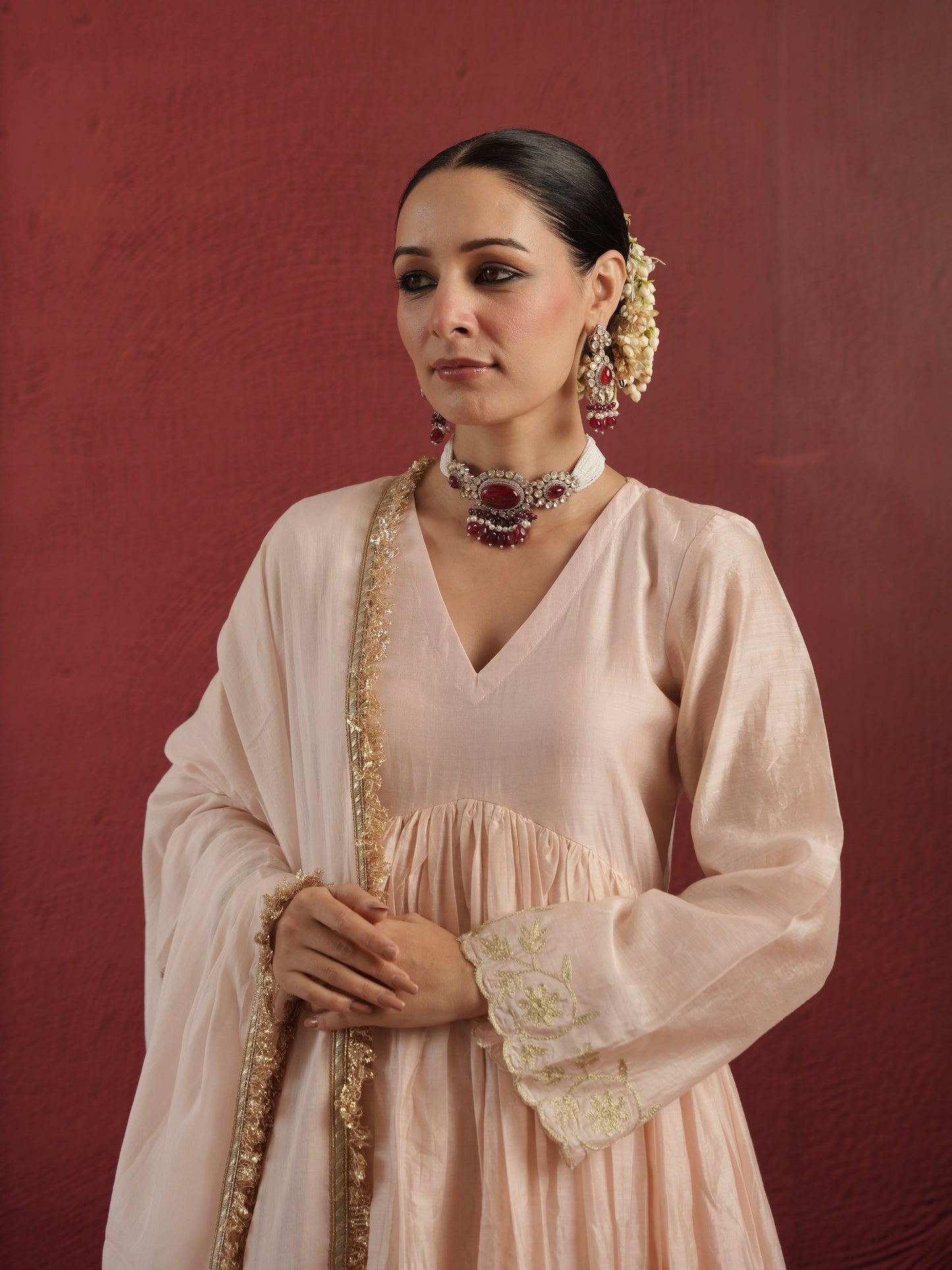 CHAAND DUST PEACH CHANDERI AARIWORK SUIT SET