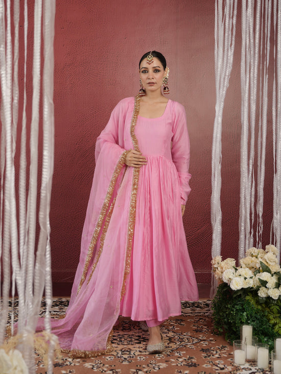 BEUTIFUL HEAVY JANKI PINK CHANDERI SILK  FULLY STITCHIED SUIT SET