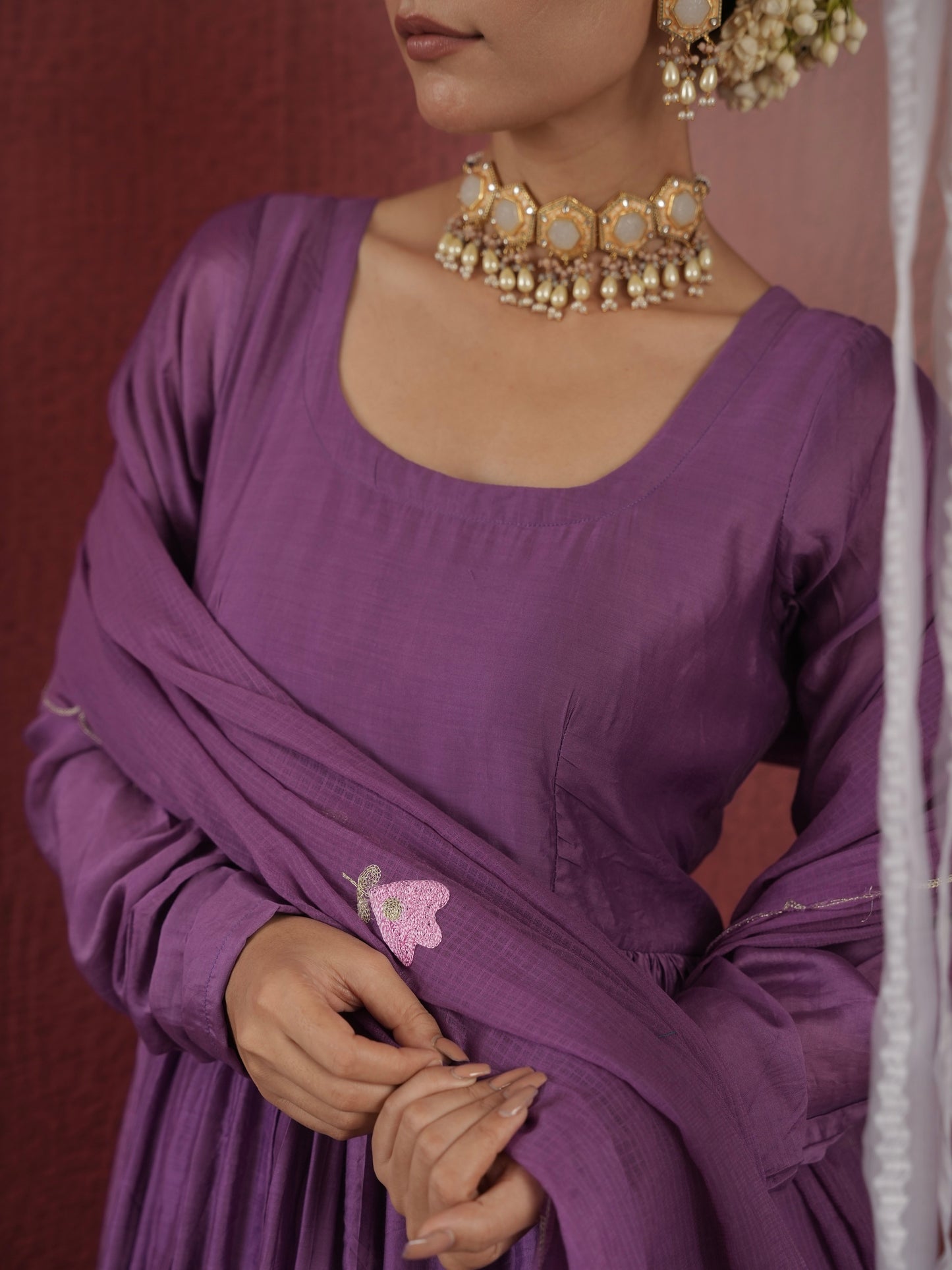 CHAAND PURPLE CHANDERI AARIWORK FLORAL SUIT SET