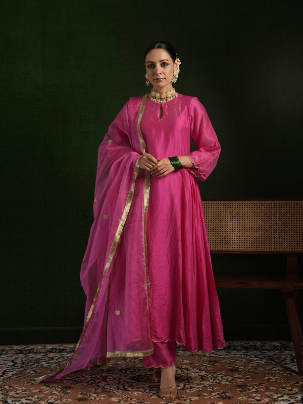 CHAAND BERRY PINK CHANDERI CUTWORK EMBROIDERED SUIT SET