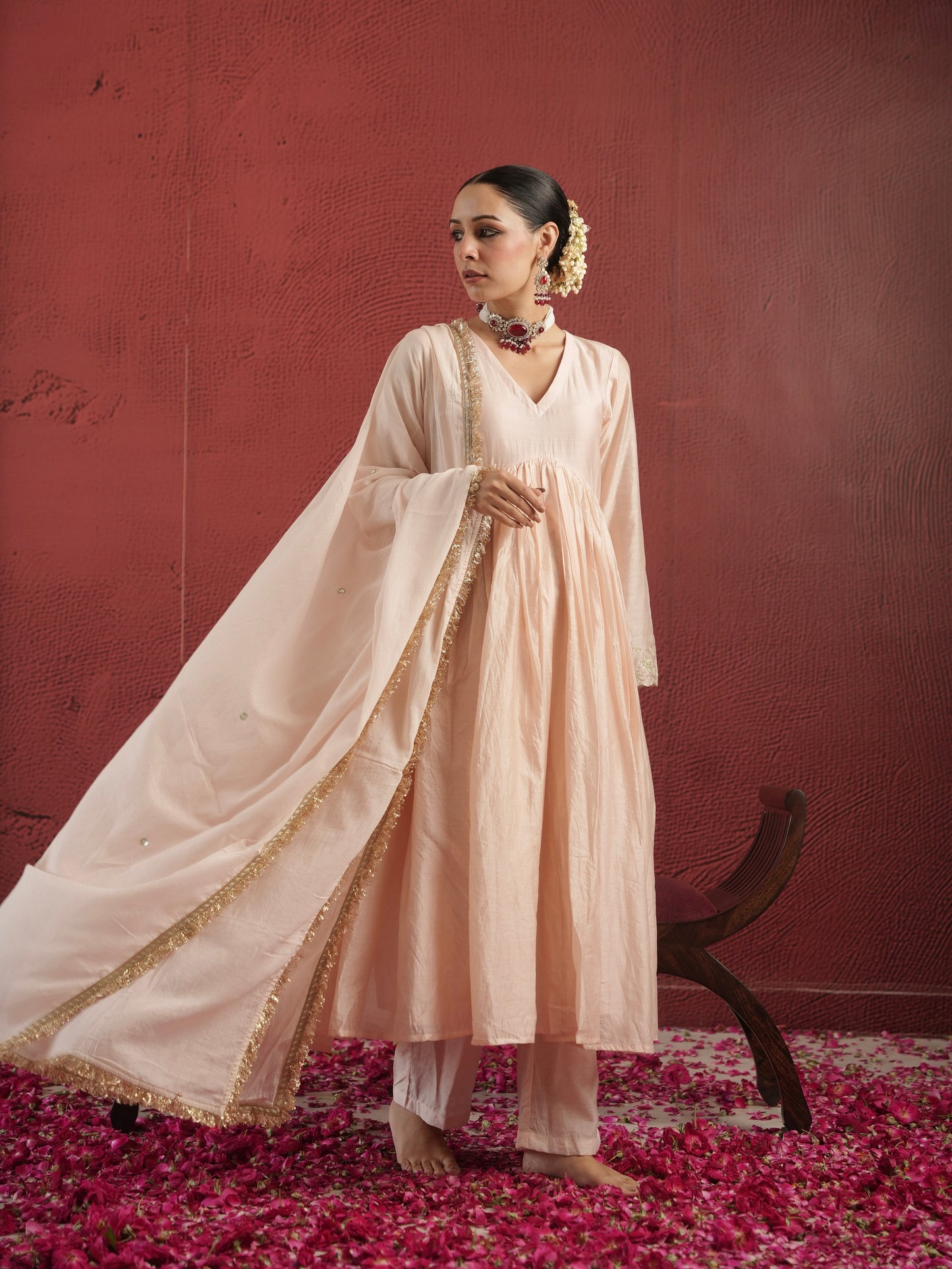 CHAAND DUST PEACH CHANDERI AARIWORK SUIT SET